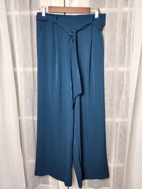 Melloday Teal Wide Leg Pants Womens M Elastic Tie Waist Flowy Career Trousers